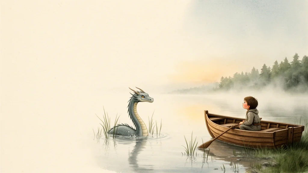 A young explorer meeting a river dragon from a small wooden boat.