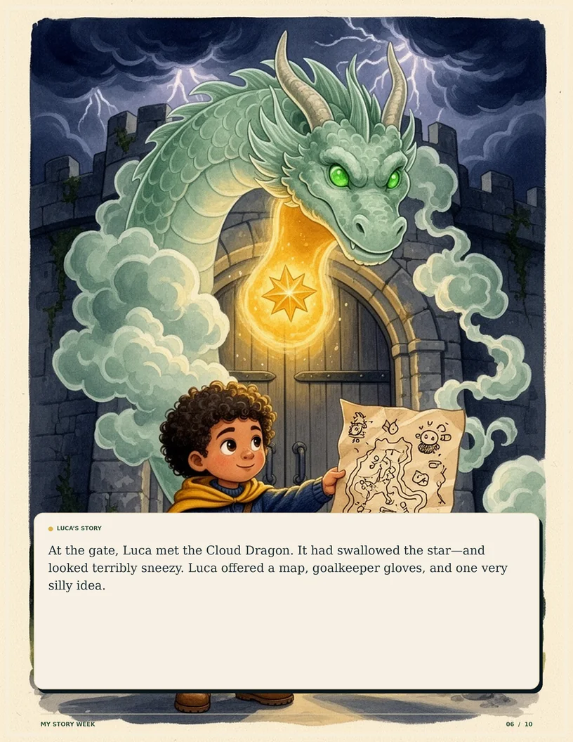 A page from Luca and the Sky-Over Stadium showing Luca at the cloud dragon gate.