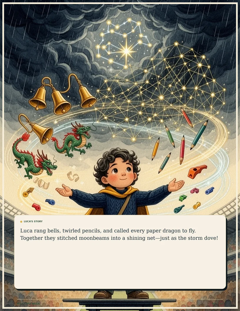 A richly illustrated climactic story page from the Luca sample story.