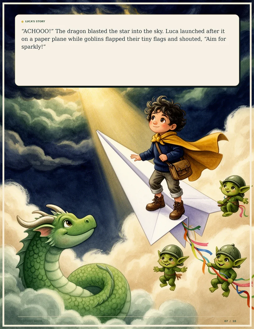 A page from Luca and the Sky-Over Stadium showing Luca flying a paper plane.